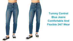 Two women wearing tummy control blue jeans, comfortable and flexible for 24-hour wear.